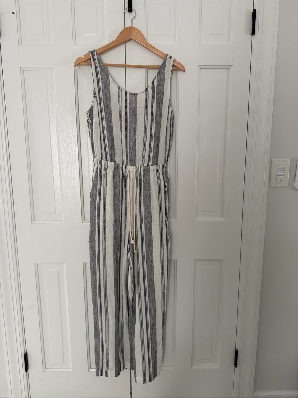 Ella Moss Striped Sleeveless Drawstring Jumpsuit in Gray and White
